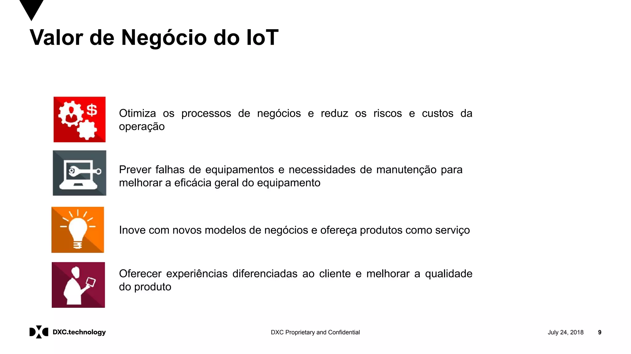 July 24, 2018 9DXC Proprietary and Confidential
Valor de Negócio do IoT
Otimiza os processos de negócios e reduz os riscos e custos da
operação
Prever falhas de equipamentos e necessidades de manutenção para
melhorar a eficácia geral do equipamento
Inove com novos modelos de negócios e ofereça produtos como serviço
Oferecer experiências diferenciadas ao cliente e melhorar a qualidade
do produto
 