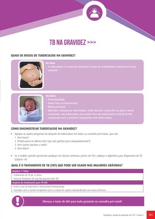 101Avaliação e manejo de pacientes com TB // Versão 1
TB NA GRAVIDEZ >>>
Na mãe:
• 	A tuberculose é a uma das principais causas de mortalidade materna no nosso
contexto
No bebé:
•	Prematuridade
•	 Baixo Peso ao Nascimento
•	 Morte perinatal
•	 Infecção e doença por tuberculose, tanto durante a gravidez ou após o parto
•	 A gestante com tuberculose tem maior risco de transmissão vertical do HIV,
comparado com a gestante seropositiva sem tuberculose.
QUAIS OS RISCOS DE TUBERCULOSE NA GRAVIDEZ?
COMO DIAGNOSTICAR TUBERCULOSE NA GRAVIDEZ?
• 	 Aplique as quatro perguntas de despiste de tuberculose em todas as consultas pré-natais, que são:
1. Tem tosse?
2. Perdeu peso no último mês? (ou não ganhou peso adequadamente?)
3. Tem suores durante a noite?
4. Tem febre?
• 	 Se a mulher grávida apresentar qualquer um desses sintomas, pense em TB e aplique o algoritmo para diagnóstico de TB
(página 14)
Ofereça o teste de HIV para toda gestante na consulta pré-natal!
Regime 1ª linha
• Tratamento de TB de 1a linha
• Associar Piridoxina 50 mg/dia durante todo TAT
Regime de tratamento para TB-MR
• Evitar o uso de Injectável e Etionamida/Protionamida
• Consultar com o Comité Terapêutico para a criação de regime individualizado com novos fármacos
QUAL É O TRATAMENTO DE TB (TAT) QUE PODE SER USADO NAS MULHERES GRÁVIDAS?
 