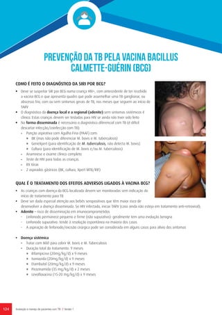 PREVENÇÃO DA TB PELA VACINA BACILLUS
CALMETTE-GUÉRIN (BCG)
COMO É FEITO O DIAGNÓSTICO DA SIRI POR BCG?
•	 Deve se suspeitar SIR por BCG numa criança HIV+, com antecedente de ter recebido
a vacina BCG e que apresenta quadro que pode assemelhar uma TB ganglionar, ou
abscesso frio, com ou sem sintomas gerais de TB, nos meses que seguem ao início de
TARV
•	 O diagnóstico da doença local e a regional (adenite) sem sintomas sistémicos é
clínico. Estas crianças devem ser testadas para HIV se ainda não tiver sido feito
•	 Na forma disseminada é necessário o diagnóstico diferencial com TB (é difícil
descartar infecção/coinfecção com TB):
-	 Punção aspirativa com Agulha Fina (PAAF) com:
»	 BK (mas não pode diferenciar M. bovis e M. tuberculosis)
»	 GeneXpert (para identificação de M. tuberculosis, não detecta M. bovis)
»	 Cultura (para identificação de M. bovis e/ou M. tuberculosis)
-	 Anamnese e exame clínico completo
-	 Teste de HIV para todas as crianças
-	 RX tórax
-	 2 aspirados gástricos (BK, cultura, Xpert MTB/RIF)
QUAL É O TRATAMENTO DOS EFEITOS ADVERSOS LIGADOS À VACINA BCG?
•	 As crianças com doença da BCG localizada devem ser monitoradas sem indicação do
início de tratamento para TB
•	 Deve ser dada especial atenção aos bebés seropositivos que têm maior risco de
desenvolver a doença disseminada. Se HIV infectado, iniciar TARV (caso ainda não esteja em tratamento anti-retroviral);
•	 Adenite – risco de disseminação em imunocomprometidos
-	 Linfonodo permanece pequeno e firme (não supurativo): geralmente tem uma evolução benigna
-	 Linfonodo supurativo: tende à resolução espontânea na maioria dos casos
-	 A aspiração de linfonodo/excisão cirúrgica pode ser considerada em alguns casos para alívio dos sintomas
•	 Doença sistémica
-	 Tratar com MAT para cobrir M. bovis e M. Tuberculosis
-	 Duração total do tratamento: 9 meses
»	 Rifampicina (20mg/kg/d) x 9 meses
»	 Isoniazida (20mg/kg/d) x 9 meses
»	 Etambutol (20mg/kg/d) x 9 meses
»	 Pirazinamida (35 mg/kg/d) x 2 meses
»	 Levofloxacina (15-20 mg/kg/d) x 9 meses
124 Avaliação e manejo de pacientes com TB // Versão 1
 