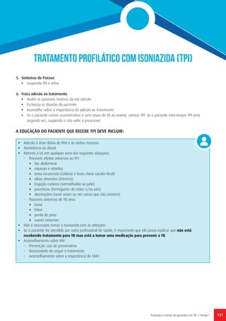 131Avaliação e manejo de pacientes com TB // Versão 1
5.	 Sintomas de Psicose
•	 Suspenda TPI e refira
6.	 Fraca adesão ao tratamento
•	 Avalie os possíveis motivos da má adesão
•	 Esclareça as dúvidas do paciente
•	 Aconselhe sobre a importância da adesão ao tratamento
•	 Se o paciente estiver assintomático e sem sinais de TB ao exame, reinicie TPI. Se o paciente interromper TPI uma
segunda vez, suspenda e não volte a prescrever
TRATAMENTO PROFILÁTICO COM ISONIAZIDA (TPI)
•	 Adesão à dose diária de INH e às visitas mensais
•	 Abstinência ao álcool
•	 Retorno à US em qualquer uma das seguintes situações:
-	 Possíveis efeitos adversos ao TPI:
»	 dor abdominal
»	 náuseas e vômitos
»	 urina escurecida (colúria) e fezes claras (acolia fecal)
»	 olhos amarelos (icterícia)
»	 Erupção cutânea (vermelhidão na pele)
»	 parestesia (formigueiro de mãos e/ou pés)
»	 alucinações (ouvir vozes ou ver coisas que não existem)
-	 Possíveis sintomas de TB ativa
»	tosse
»	febre
»	 perda de peso
»	 suores noturnos
•	 Não é necessário tomar a Isoniazida com as refeições
•	 Se o paciente for atendido por outro profissional de saúde, é importante que ele possa explicar que não está
recebendo tratamento para TB mas está a tomar uma medicação para prevenir a TB
•	 Aconselhamento sobre HIV
-	 Prevenção: uso de preservativo
-	 Necessidade de seguir o tratamento
-	 Aconselhamento sobre a importância do TARV
A EDUCAÇÃO DO PACIENTE QUE RECEBE TPI DEVE INCLUIR:
 