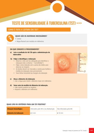 137Avaliação e manejo de pacientes com TB // Versão 1 137
Teste de sensibilidade à tuberculina (TST) >>>
EM QUE CONSISTE O PROCEDIMENTO?
a)	 Leia o resultado de 48-72h após a administração da 	
	tuberculina
b)	 Palpe e identifique a induração
• 	 Observe o sitio com luz adequada para identificar a 	
induração (não o eritema = “vermelhidão”)
• 	 Palpe a área indurada com a ponta dos dedos para
observar as margens
• 	 As bordas devem ser marcadas a caneta para facilitar a
medida da induração mais precisamente
• 	 Trace linhas horizontal nas margens da induração
c)	 Meça o diâmetro da induração
• Use a régua para medir o diâmetro maior em milímetros
d)	 Tome nota da medida do diâmetro da induração.
• Não reporte positivo ou negativo
• Reporte o diâmetro em milímetros
COMO É FEITA A LEITURA DO TST?
Situação Imunológica Infectados pelo HIV e/ou Malnutrição Não Infectados pelo HIV
Diâmetro da Induração ≥ 5 mm ≥ 10 mm
QUAIS SÃO OS CRITÉRIOS PARA UM TST POSITIVO?
QUAIS SÃO OS MATERIAIS NECESSÁRIOS?
• Caneta
• Régua flexível com medida em milímetros
 