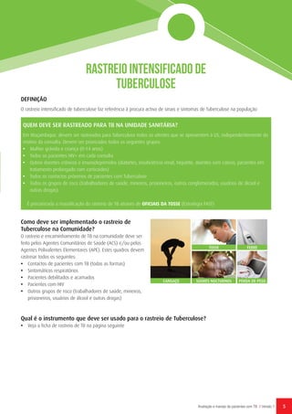 55Avaliação e manejo de pacientes com TB // Versão 1
DEFINIÇÃO
O rastreio intensificado de tuberculose faz referência à procura activa de sinais e sintomas de Tuberculose na população
QUEM DEVE SER RASTREADO PARA TB NA UNIDADE SANITÁRIA?
Em Moçambique, devem ser rastreados para Tuberculose todos os utentes que se apresentem à US, independentemente do
motivo da consulta. Devem ser priorizados todos os seguintes grupos:
•	 Mulher grávida e criança (0-14 anos)
•	 Todos os pacientes HIV+ em cada consulta
•	 Outros doentes crónicos e imunodeprimidos (diabetes, insuficiência renal, hepatite, doentes com cancro, pacientes em
tratamento prolongado com corticoides)
•	 Todos os contactos próximos de pacientes com Tuberculose
•	 Todos os grupos de risco (trabalhadores de saúde, mineiros, prisioneiros, outros conglomerados, usuários de álcool e
outras drogas)
É preconizada a massificação do rastreio de TB através de OFICIAIS DA TOSSE (Estratégia FAST)
Como deve ser implementado o rastreio de
Tuberculose na Comunidade?
O rastreio e encaminhamento de TB na comunidade deve ser
feito pelos Agentes Comunitários de Saúde (ACS) e/ou pelos
Agentes Polivalentes Elementares (APE). Estes quadros devem
rastreiar todos os seguintes:
•	 Contactos de pacientes com TB (todas as formas)
•	 Sintomáticos respiratórios
•	 Pacientes debilitados e acamados
•	 Pacientes com HIV
•	 Outros grupos de risco (trabalhadores de saúde, mineiros,
prisioneiros, usuários de álcool e outras drogas)
Qual é o instrumento que deve ser usado para o rastreio de Tuberculose?
•	 Veja a ficha de rastreio de TB na página seguinte
Rastreio Intensificado de
Tuberculose
SUORES NOCTURNOS
TOSSE FEBRE
PERDA DE PESOCANSAÇO
 