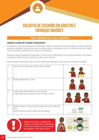 Colheita de escarro em adultos e
crianças maiores
140 Avaliação e manejo de pacientes com TB // Versão 1
FOLHA INFORMATIVA PARA O PACIENTE
PORQUE O EXAME DE ESCARRO É NECESSÁRIO?
A tuberculose é uma doença frequente em Moçambique. Através do tratamento, essa doença pode ser curada. Quando uma
pessoa tem tuberculose, a bactéria que causa essa doença pode ser encontrada no escarro. A colheita de escarro é a melhor
maneira de descobrir rapidamente se uma pessoa tem tuberculose
Para poder chegar ao diagnóstico de tuberculose, o escarro deve vir lá dos pulmões. Essa secreção geralmente é mais espessa
e pegajosa. O exame não deve ser feito da sua saliva, que es mais leve
Você vai receber 2 frascos para recolher o escarro. Estes frascro estão limpos. Não os abra até ao momento da colheita
1 Lave a boca com agua limpa antes de colher a amostra
2 Respire profundamente 3 vezes
3 A seguir, inspire profundamente e tussa com força
A seguir deve trazer o escarro até a boca e escarrar no frasco
4 Repeta os passos 2 e até que o escarro encha toda a parte inferior do
frasco.
Finalmente feche o frasco e coloque num saco plástico.
•	 Atenção! mesmo que o resultado seja
negativo, você ainda pode ter Tuberculose.
•	 É necessária amostra de escarro profundo
(dos pulmões) e NÃO saliva da boca!
 