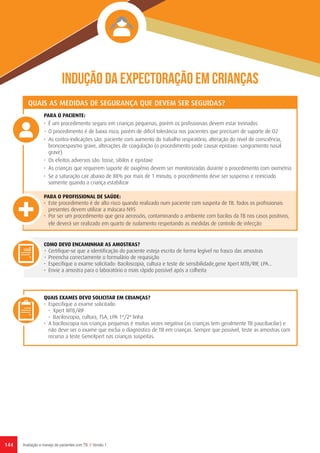 144 Avaliação e manejo de pacientes com TB // Versão 1
Indução da expectoração em crianças
PARA O PACIENTE:
•	 É um procedimento seguro em crianças pequenas, porém os profissionais devem estar treinados
•	 O procedimento é de baixo risco, porém de difícil tolerância nos pacientes que precisam de suporte de O2
•	 As contra-indicações são: paciente com aumento do trabalho respiratório, alteração do nível de consciência,
broncoespasmo grave, alterações de coagulação (o procedimento pode causar epistaxe: sangramento nasal
grave)
•	 Os efeitos adversos são: tosse, sibilos e epistaxe
•	 As crianças que requerem suporte de oxigénio devem ser monitorizadas durante o procedimento com oximetria
•	 Se a saturação cair abaixo de 88% por mais de 1 minuto, o procedimento deve ser suspenso e reiniciado
somente quando a criança estabilizar
PARA O PROFISSIONAL DE SAÚDE:
•	 Este procedimento é de alto risco quando realizado num paciente com suspeita de TB. Todos os profissionais
presentes devem utilizar a máscara N95
•	 Por ser um procedimento que gera aerossóis, contaminando o ambiente com bacilos da TB nos casos positivos,
ele deverá ser realizado em quarto de isolamento respeitando as medidas de controlo de infecção
COMO DEVO ENCAMINHAR AS AMOSTRAS?
•	 Certifique-se que a identificação do paciente esteja escrita de forma legível no frasco das amostras
•	 Preencha correctamente o formulário de requisição
•	 Especifique o exame solicitado: Baciloscopia, cultura e teste de sensibilidade,gene Xpert MTB/RIF, LPA...
•	 Envie a amostra para o laboratório o mais rápido possível após a colheita
QUAIS EXAMES DEVO SOLICITAR EM CRIANÇAS?
•	 Especifique o exame solicitado:
-	 Xpert MTB/RIF
-	 Baciloscopia, cultura, TSA, LPA 1ª/2ª linha
•	 A baciloscopia nas crianças pequenas é muitas vezes negativa (as crianças tem geralmente TB paucibacilar) e
não deve ser o exame que exclui o diagnóstico de TB em crianças. Sempre que possível, teste as amostras com
recurso a teste GeneXpert nas crianças suspeitas.
QUAIS AS MEDIDAS DE SEGURANÇA QUE DEVEM SER SEGUIDAS?
 