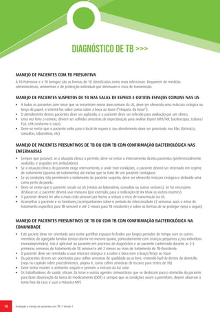 10 Avaliação e manejo de pacientes com TB // Versão 1
DIAGNÓSTICO DE TB >>>
MANEJO DE PACIENTES COM TB PRESUNTIVA
A TB Pulmonar e a TB laríngea são as formas de TB classificadas como mais infecciosas. Requerem de medidas
administrativas, ambientais e de protecção individual que diminuam o risco de transmissão.
MANEJO DE PACIENTES SUSPEITOS DE TB NAS SALAS DE ESPERA E OUTROS ESPAÇOS COMUNS NAS US
•	 A todos os pacientes com tosse que se encontram numa área comum da US, deve ser oferecida uma máscara cirúrgica ou
lenço de papel, e orientá-los sobre como cobrir a boca ao tossir (“etiqueta da tosse”).
•	 O atendimento destes pacientes deve ser agilizado, e o paciente deve ser referido para avaliação por um clínico.
•	 Uma vez feito o rastreio, devem ser colhidas amostras de expectoração para análise (Xpert MTB/RIF, baciloscopia, Cultura/
TSA, LPA conforme o caso)
•	 Deve-se evitar que o paciente volte para o local de espera e seu atendimento deve ser priorizado nas filas (farmácia,
consultas, laboratório, etc)
MANEJO DE PACIENTES PRESUNTIVOS DE TB OU COM TB COM CONFIRMAÇÃO BACTERIOLÓGICA NAS
ENFERMARIAS
•	 Sempre que possível, se a situação clínica o permitir, deve-se evitar o internamento destes pacientes (preferencialmente
avaliados e seguidos em ambulatório).
•	 Se a situação clínica do paciente exige internamento, e onde tiver condições, o paciente deverá ser internado em regime
de isolamento (quartos de isolamento) até excluir que se trate de um paciente contagioso
•	 Se as condições não permitirem o isolamento do paciente suspeito, deve ser oferecida máscara cirúrgica e atribuída uma
cama perto da janela.
•	 Deve-se evitar que o paciente circule na US (visitas ao laboratório, consultas ou outros sectores). Se for necessário
deslocar-se, o paciente deverá usar máscara (por exemplo, para a realização de Rx tórax ou outros exames).
•	 O paciente deverá ter alta o mais cedo possível por forma a reduzir o risco de transmissão na US.
•	 Aconselhar o paciente e os familiares/acompanhantes sobre o período de infecciosidade (2 semanas após o início do
tratamento específico para TB sensível e até 2 meses para TB resistente) e sobre as formas de se proteger (veja a seguir).
MANEJO DE PACIENTES PRESUNTIVOS DE TB OU COM TB COM CONFIRMAÇÃO BACTERIOLÓGICA NA
COMUNIDADE
•	 Este paciete deve ser orientado para evitar partilhar espaços fechados por longos períodos de tempo com os outros
membros do agregado familiar (evitar dormir no mesmo quarto, particularmente com crianças pequenas e/ou indivíduos
imunodeprimidos). Isto é aplicável ao paciente em processo de diagnóstico e ao paciente confirmado durante as 2-3
primeiras semanas de tratamento de TB sensível e até 2 meses ou mais de tratamento de TB-Resistente.
•	 O paciente deve ser orientado a usar máscara cirúrgica e a cobrir a boca com o braço/lenço ao tossir
•	 Os pacientes devem ser orientados para colher amostras de qualidade ao ar livre, evitando fazê-lo dentro do domicílio
(veja no capítulo sobre procedimentos, página X, como colher amostras de escarro para testes de TB)
•	 Deve tentar manter o ambiente arejado e permitir a entrada da luz solar
•	 Os trabalhadores de saúde, oficiais da tosse e outros agentes comunitários que se deslocam para o domicílio do paciente
para fazer observação da toma do medicamento (DOT) e sempre que as condições assim o permitam, devem observar a
toma fora da casa e usar a máscara N95
 