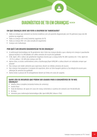 19Avaliação e manejo de pacientes com TB // Versão 1
EM QUE CRIANÇAS DEVE SER FEITO A RASTREIO DE TUBERCULOSE?
•	 Todas as crianças que convivem na mesma residência com um paciente diagnosticado com TB pulmonar (seja este BK
positivo ou negativo)
•	 Todas as crianças com sinais/sintomas sugestivos de TB
•	 Todas as crianças HIV+ em cada consulta de seguimento
•	 Crianças com malnutrição
POR QUÊ É UM DESAFIO DIAGNOSTICAR TB EM CRIANÇAS?
•	 A confirmação bacteriológica de TB geralmente não é feita nas crianças devido a que a doença em crianças é paucibacilar
(poucos bacilos) e às dificuldades em colher amostras de escarro de qualidade
•	 O Bk, Xpert, LPA e cultura são geralmente negativos mesmo que a criança tenha TB. (BK e positivo em <15%, Xpert em
<25 % e cultura < 30-40% das crianças com TB)
•	 Apesar disso, os testes confirmatórios como a baciloscopia/Xpert MTB/RIF e cultura devem ser realizados sempre que
possível
•	 Nas crianças com idade suficiente para expectorar, devem ser obtidas amostras de escarro
•	 Nas crianças mais pequenas e incapazes de expectorar, deve ser feita lavagem gástrica e/ou indução do escarro para
obtenção de amostras de qualidade
•	 Outros testes à procura de TB extrapulmonar devem ser feitos em casos de suspeita
Diagnóstico de TB em Crianças >>>
QUAIS SÃO OS RECURSOS QUE PODEM SER USADOS PARA O DIAGNÓSTICO DE TB NAS
CRIANÇAS?•	
•	 História clínica completa (incluíndo história de contactos)
•	 Exame físico
•	 Teste de Mantoux: de apoio em casos de criança sintomática e ausência de contacto com TB identificado
•	 Rx tórax
•	 Amostras para confirmação bacterirológica (BK, Xpert MTB/RIF, Cultura e TSA)
 