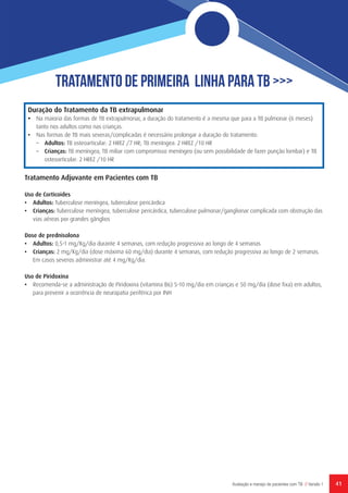 41Avaliação e manejo de pacientes com TB // Versão 1
Tratamento de Primeira Linha para TB >>>
Tratamento Adjuvante em Pacientes com TB
Uso de Corticoides
•	 Adultos: Tuberculose meníngea, tuberculose pericárdica
•	 Crianças: Tuberculose meníngea, tuberculose pericárdica, tuberculose pulmonar/ganglionar complicada com obstrução das
vias aéreas por grandes gânglios
Dose de prednisolona
•	 Adultos: 0,5-1 mg/Kg/dia durante 4 semanas, com redução progressiva ao longo de 4 semanas
•	 Crianças: 2 mg/Kg/dia (dose máxima 60 mg/dia) durante 4 semanas, com redução progressiva ao longo de 2 semanas.
Em casos severos administrar até 4 mg/Kg/dia.
Uso de Piridoxina
•	 Recomenda-se a administração de Piridoxina (vitamina B6) 5-10 mg/dia em crianças e 50 mg/dia (dose fixa) em adultos,
para prevenir a ocorrência de neuropatia periférica por INH
Duração do Tratamento da TB extrapulmonar
•	 Na maioria das formas de TB extrapulmonar, a duração do tratamento é a mesma que para a TB pulmonar (6 meses)
tanto nos adultos como nas crianças.
•	 Nas formas de TB mais severas/complicadas é necessário prolongar a duração do tratamento:
–	 Adultos: TB osteoarticular: 2 HREZ /7 HR; TB meníngea: 2 HREZ /10 HR
–	 Crianças: TB meníngea, TB miliar com compromisso meníngeo (ou sem possibilidade de fazer punção lombar) e TB
osteoarticular: 2 HREZ /10 HR
 