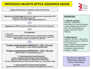 PROTOCOLO NEURITIS OPTICA ISQUEMICA AGUDA
Clínica: Disminución de Agudeza Visual No Dolorosa
Valoración por Oftalmología (fondo de ojo, agudeza visual, campimetría y PIO)
- Mañanas: CCEE Oftalmología HAV
- Tardes-Fin de semana: Oftalmología Hospital La Fe
Diagnóstico de NOIA por parte de Oftalmología y derivación a Urgencias.
En Urgencias:
1- Anamnesis.
2 - Exploración Física: palpación arteria temporal + descartar soplos carotídeos.
3 - Pruebas complementarias: TC craneal, hemograma, bioquímica, coagulación,
VSG (solicitarla a Banco de Sangre), ECG, RX tórax.
Pruebas complementarias NORMALES + VSG < 50 mm/h:
AAS 300 mg vo + PILE CCEE de NEUROLOGIA
Pruebas complementarias NORMALES + VSG > 50 mm/h:
AAS 100 mg vo + Omeprazol 20 mg vo y :
>> Si alta sospecha de arteritis temporal
(clínica + disminución de agudeza visual importante):
Ingreso en Medicina Interna + megadosis de corticoides
(1 gr de metilprednisolona en 250 ml SG 5% a pasar en 3 hs) durante 3 días.
>> Si baja sospecha clínica de arteritis temporal:
Ingreso en Medicina Interna con prednisona 60 mg/día dosis única vo.
DEFINICION:
1- NOIA No arterítica:
Paciente > 40-50 años +
disminución AV monocular indolora
y súbita. Relacionada con FRCV
(HTA, DM, arterioesclerosis).
Causa: hipotensión arterial
nocturna.
2- NOIA arterítica:
Paciente > 60 años + disminución
agudeza visual severa y rápida de
uno o ambos ojos.
Asocia: cefalea, hipersensibilidad
cuero cabelludo, claudicación
mandibular, pérdida de peso,
artralgias, mialgias.
Servicios de Urgencias,
Oftalmología, Medicina
Interna y Neurología.
Julio 2015
 