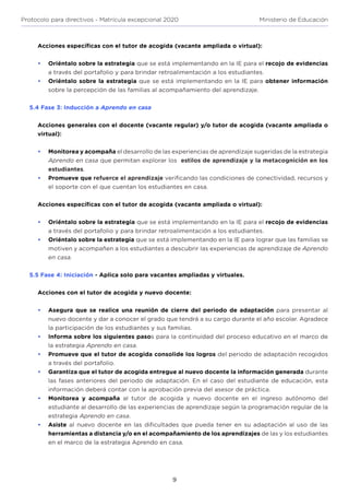 9
Protocolo para directivos - Matrícula excepcional 2020 Ministerio de Educación
Acciones específicas con el tutor de acogida (vacante ampliada o virtual):
•	 Oriéntalo sobre la estrategia que se está implementando en la IE para el recojo de evidencias
a través del portafolio y para brindar retroalimentación a los estudiantes.
•	 Oriéntalo sobre la estrategia que se está implementando en la IE para obtener información
sobre la percepción de las familias al acompañamiento del aprendizaje.
5.4 Fase 3: Inducción a Aprendo en casa
Acciones generales con el docente (vacante regular) y/o tutor de acogida (vacante ampliada o
virtual):
•	 Monitorea y acompaña el desarrollo de las experiencias de aprendizaje sugeridas de la estrategia
Aprendo en casa que permitan explorar los estilos de aprendizaje y la metacognición en los
estudiantes.
•	 Promueve que refuerce el aprendizaje verificando las condiciones de conectividad, recursos y
el soporte con el que cuentan los estudiantes en casa.
Acciones específicas con el tutor de acogida (vacante ampliada o virtual):
•	 Oriéntalo sobre la estrategia que se está implementando en la IE para el recojo de evidencias
a través del portafolio y para brindar retroalimentación a los estudiantes.
•	 Oriéntalo sobre la estrategia que se está implementando en la IE para lograr que las familias se
motiven y acompañen a los estudiantes a descubrir las experiencias de aprendizaje de Aprendo
en casa.
5.5 Fase 4: Iniciación - Aplica solo para vacantes ampliadas y virtuales.
Acciones con el tutor de acogida y nuevo docente:
•	 Asegura que se realice una reunión de cierre del periodo de adaptación para presentar al
nuevo docente y dar a conocer el grado que tendrá a su cargo durante el año escolar. Agradece
la participación de los estudiantes y sus familias.
•	 Informa sobre los siguientes pasos para la continuidad del proceso educativo en el marco de
la estrategia Aprendo en casa.
•	 Promueve que el tutor de acogida consolide los logros del periodo de adaptación recogidos
a través del portafolio.
•	 Garantiza que el tutor de acogida entregue al nuevo docente la información generada durante
las fases anteriores del periodo de adaptación. En el caso del estudiante de educación, esta
información deberá contar con la aprobación previa del asesor de práctica.
•	 Monitorea y acompaña al tutor de acogida y nuevo docente en el ingreso autónomo del
estudiante al desarrollo de las experiencias de aprendizaje según la programación regular de la
estrategia Aprendo en casa.
•	 Asiste al nuevo docente en las dificultades que pueda tener en su adaptación al uso de las
herramientas a distancia y/o en el acompañamiento de los aprendizajes de las y los estudiantes
en el marco de la estrategia Aprendo en casa.
 
