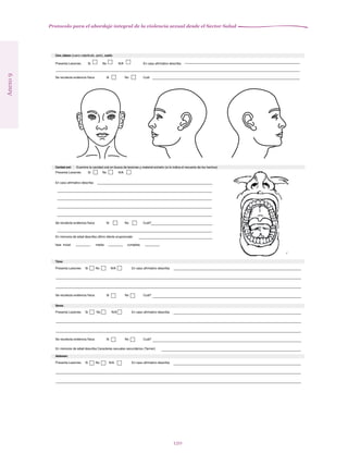 Protocolo para el abordaje integral de la violencia sexual desde el Sector Salud
120
Anexo9
Cara, cabeza (cuero cabelludo, pelo), cuello:
Presenta Lesiones Si No N/A En caso afirmativo describa
Se recolecta evidencia física Si No Cuál
Cavidad oral: Examine la cavidad oral en busca de lesiones y material extraño (si lo indica el recuento de los hechos)
Presenta Lesiones Si No N/A
En caso afirmativo describa
Se recolecta evidencia física Si No Cuál?
En menores de edad describa último diente erupcionado
fase inicial media completa
Tórax:
Presenta Lesiones Si No N/A En caso afirmativo describa
Se recolecta evidencia física Si No Cuál?
Senos:
Presenta Lesiones Si No N/A En caso afirmativo describa
Se recolecta evidencia física Si No Cuál?
En menores de edad describa Caracteres sexuales secundarios (Tanner)
Abdomen:
Presenta Lesiones Si No N/A En caso afirmativo describa
 