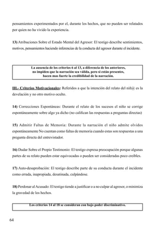 pensamientos experimentados por el, durante los hechos, que no pueden ser relatados
por quien no ha vivido la experiencia.
13) Atribuciones Sobre el Estado Mental del Agresor: El testigo describe sentimientos,
motivos, pensamientos haciendo inferencias de la conducta del agresor durante el incidente.

La ausencia de los criterios 6 al 13, a diferencia de los anteriores,
no impiden que la narración sea válida, pero si están presentes,
hacen mas fuerte la credibilidad de la narración.

III.- Criterios Motivacionales: Referidos a que la intención del relato del niñ@ es la
develación y no otro motivo oculto.
14) Correcciones Espontáneas: Durante el relato de los sucesos el niño se corrige
espontáneamente sobre algo ya dicho (no califican las respuestas a preguntas directas)
15) Admitir Faltas de Memoria: Durante la narración el niño admite olvidos
espontáneamente No cuentan como faltas de memoria cuando estas son respuestas a una
pregunta directa del entrevistador.
16) Dudar Sobre el Propio Testimonio: El testigo expresa preocupación porque algunas
partes de su relato pueden estar equivocadas o pueden ser consideradas poco creíbles.
17) Auto-desaprobación: El testigo describe parte de su conducta durante el incidente
como errada, inapropiada, desatinada, culpándose.
18) Perdonar al Acusado: El testigo tiende a justificar o a no culpar al agresor, o minimiza
la gravedad de los hechos.
Los criterios 14 al 18 se consideran con bajo poder discriminativo.

64

 