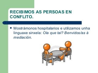 RECIBIMOS AS PERSOAS EN
CONFLITO.
 Mostrámonos hospitalarios e utilizamos unha
linguaxe sinxela: Ola que tal? Benvidos/as á
mediación.
 