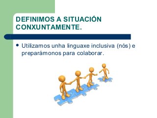 DEFINIMOS A SITUACIÓN
CONXUNTAMENTE.
 Utilizamos unha linguaxe inclusiva (nós) e
preparámonos para colaborar.
 
