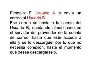 Ejemplo: El Usuario A le envía un
correo al Usuario B.
Ese correo se envía a la cuenta del
Usuario B, quedando almacenado en
el servidor del proveedor de la cuenta
de correo, hasta que este acceda a
ella y se lo descargue, por lo que no
necesita conexión, hasta el momento
que desee descargárselo.
 