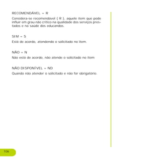 106
RECOMENDÁVEL = R
Considera-se recomendável ( R ), aquele item que pode
influir em grau não crítico na qualidade dos serviços pres-
tados e na saúde dos educandos.
SIM = S
Está de acordo, atendendo o solicitado no item.
NÃO = N
Não está de acordo, não atende o solicitado no item
NÃO DISPONÍVEL = ND
Quando não atender o solicitado e não for obrigatório.
 