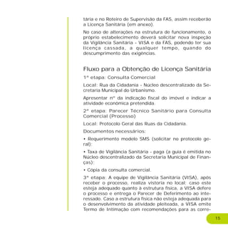 15
tária e no Roteiro de Supervisão da FAS, assim receberão
a Licença Sanitária (em anexo).
No caso de alterações na estrutura de funcionamento, o
próprio estabelecimento deverá solicitar nova inspeção
da Vigilância Sanitária - VISA e da FAS, podendo ter sua
licença cassada, a qualquer tempo, quando do
descumprimento das exigências.
Fluxo para a Obtenção de Licença Sanitária
1ª etapa: Consulta Comercial
Local: Rua da Cidadania - Núcleo descentralizado da Se-
cretaria Municipal do Urbanismo.
Apresentar nº da indicação fiscal do imóvel e indicar a
atividade econômica pretendida.
2ª etapa: Parecer Técnico Sanitário para Consulta
Comercial (Processo)
Local: Protocolo Geral das Ruas da Cidadania.
Documentos necessários:
• Requerimento modelo SMS (solicitar no protocolo ge-
ral);
• Taxa de Vigilância Sanitária - paga (a guia é emitida no
Núcleo descentralizado da Secretaria Municipal de Finan-
ças);
• Cópia da consulta comercial.
3ª etapa: A equipe de Vigilância Sanitária (VISA), após
receber o processo, realiza vistoria no local; caso este
esteja adequado quanto à estrutura física, a VISA defere
o processo e entrega o Parecer de Deferimento ao inte-
ressado. Caso a estrutura física não esteja adequada para
o desenvolvimento da atividade pleiteada, a VISA emite
Termo de Intimação com recomendações para as corre-
 