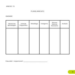 ANEXO 15
PLANEJAMENTO
UNIDADE:
Educador responsável:_________________________
83
Conteúdo
Programático
Metodologia Cronograma
Recursos
Materiais
Necessários
Objetivosde
Aprendizagem
Avaliação
 