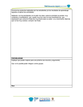 Enuncie los productos realizados por los estudiantes y/o los resultados de aprendizaje
logrados al aplicar las actividades.
Hablando con los estudiantes en el salón de clase sobre la actividad se sentían muy
contentos y manifestaron que quedo muy rica pero lo mas importante fue que
expresaran que consumir frutas era muy bueno para su salud y su crecimiento. Además
que no fue muy costoso comprar las frutas
POR MEJORAR
Explique que puede mejorar para una próxima vez enuncie y argumente)
Que en lo posible poder integrar a otros grupos
Que
 