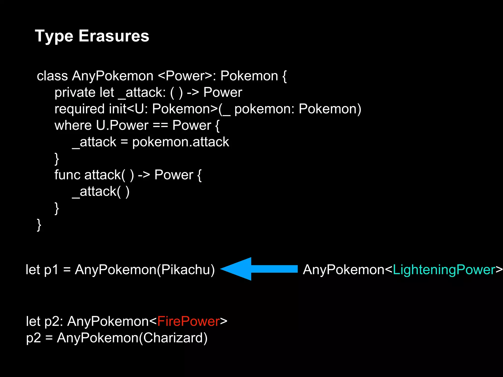 Type Erasures
let p1 = AnyPokemon(Pikachu)
let p2: AnyPokemon<FirePower>
p2 = AnyPokemon(Charizard)
AnyPokemon<LighteningPower>
class AnyPokemon <Power>: Pokemon {
private let _attack: ( ) -> Power
required init<U: Pokemon>(_ pokemon: Pokemon)
where U.Power == Power {
_attack = pokemon.attack
}
func attack( ) -> Power {
_attack( )
}
}
 