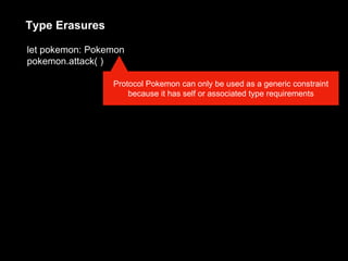 let pokemon: Pokemon
pokemon.attack( )
Protocol Pokemon can only be used as a generic constraint
because it has self or associated type requirements
Type Erasures
 