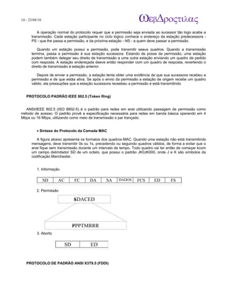 14 - 23/04/10
                                                                         A p o s tila s e tu to r ia is n a á r e a d e in fo r m á tic a



         A operação normal do protocolo requer que a permissão seja enviada ao sucessor tão logo acabe a
      transmissão. Cada estação participante no ciclo lógico conhece o endereço da estação predecessora -
      PS - que lhe passa a permissão, e da próxima estação - NS - a quem deve passar a permissão.

          Quando um estáção possui a permissão, pode transmitir seeus quadros. Quando a transmissão
      termina, passa a permissão à sua estação sucessora. Estando de posse da permissão, uma estação
      podem também delegar seu direito de transmissão a uma outra estação enviando um quadro de pedido
      com resposta. A estação endereçada deeve então responder com um quadro de resposta, revertendo o
      direito de transmissão à estação anterior.

          Depois de enviar a permissão, a estação tenta obter uma evidência de que sua sucessora recebeu a
      permissão e de que estáa ativa. Se após o envio da permissão a estação de origem recebe um quadro
      válido, ela pressupões que a estação sucessora receebeu a permissão e está transmitindo.


   PROTOCOLO PADRÃO IEEE 802.5 (Token Ring)


  ANSI/IEEE 802.5 (ISO 8802-5) é o padrão para redes em anel utilizando passagem de permissão como
método de acesso. O padrão provê a especificação necessária para redes em banda básica operando em 4
Mbps ou 16 Mbps, utilizando como meio de transmissão o par trançado.


          • Sintaxe do Protocolo da Camada MAC

         A figura abaixo apresenta os formatos dos quadros MAC. Quando uma estação não está transmitindo
      mensagens, deve transmitir 0s ou 1s, precedendo ou seguindo quadros válidos, de forma a evitar que o
      anel fique sem transmissão durante um intervalo de tempo. Todo quadro vai ter então de começar kcom
      um campo delimitador SD de um octeto, que possui o padrão JK0JK000, onde J e K são símbolos da
      codificação Manchester.


          1. Informação


                SD    AC        FC     DA       SA      DADOS     FCS            ED                          FS

          2. Permissão

                                SDACED
                                S




                                PPPTMRRR
                                P
          3. Aborto


                           SD          ED


   PROTOCOLO DE PADRÃO ANSI X3T9.5 (FDDI)
 