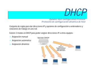 DHCP
                                            Dynamic Host Configuration Protocol
                                     Protocolo de configuración dinámica de host

Conjunto de reglas para dar direcciones IP y opciones de configuración a ordenadores y
estaciones de trabajo en una red.

Existen 3 modos en DHCP para poder asignar direcciones IP a otros equipos:
 Asignación manual
 Asignación automática
 Asignación dinámica
 