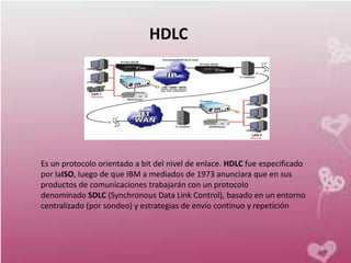 HDLC




Es un protocolo orientado a bit del nivel de enlace. HDLC fue especificado
por laISO, luego de que IBM a mediados de 1973 anunciara que en sus
productos de comunicaciones trabajarán con un protocolo
denominado SDLC (Synchronous Data Link Control), basado en un entorno
centralizado (por sondeo) y estrategias de envío continuo y repetición
 