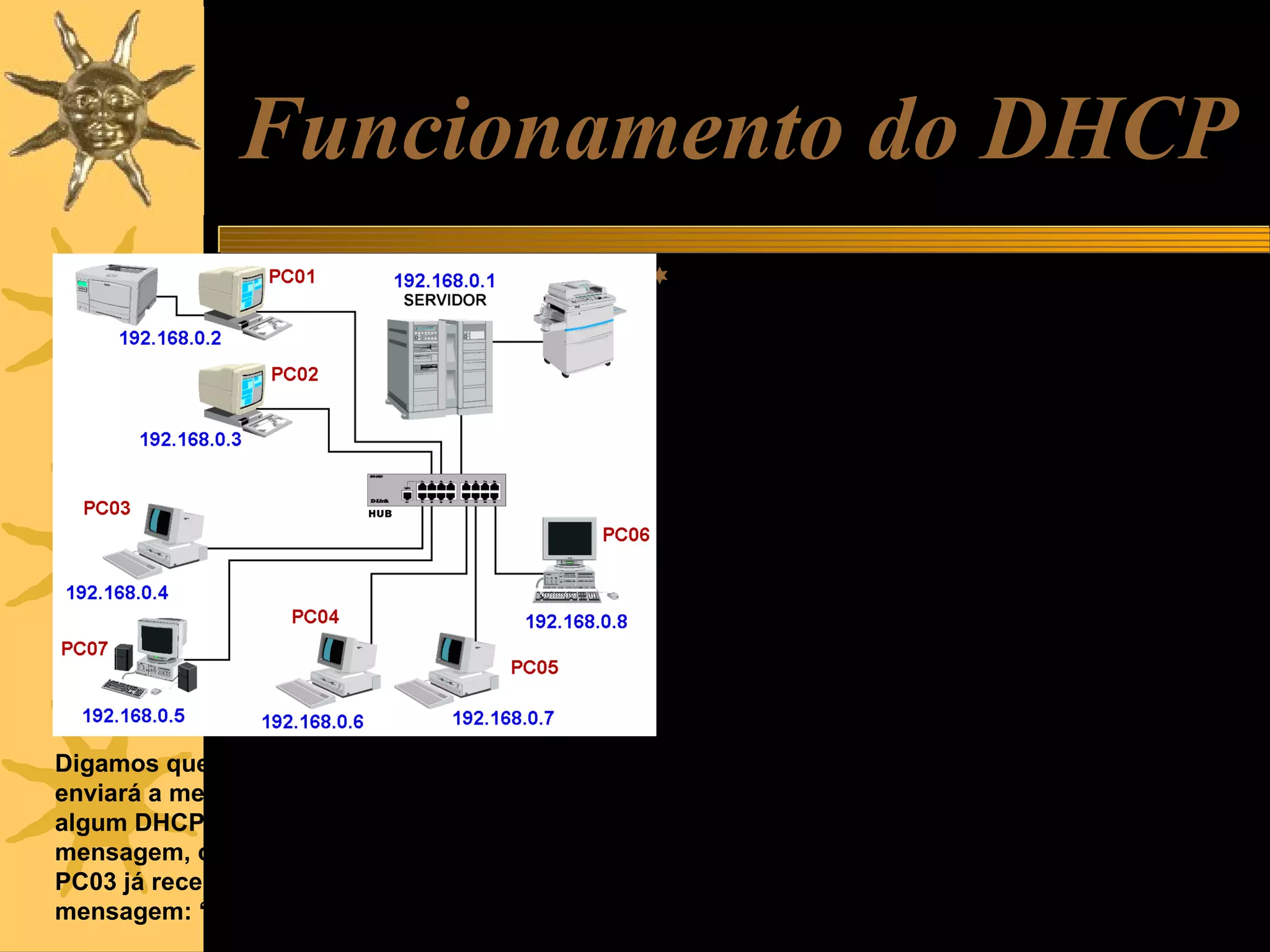 Funcionamento do DHCP
 Um servidor DHCP simplesmente mantém

uma tabela contendo os nomes dos diversos
computadores da rede e atribui a eles IPs
dentro de uma faixa de endereços. No
exemplo ao lado, esta tabela seria:
Nome do
computador
SERVIDOR

192.168.0.1

PC01

192.168.0.2

PC02

192.168.0.3

PC03
Digamos que acabamos de ligar o micro PC03. Ele
enviará a mensagem pela rede: “Eu sou PC03, tem
algum DHCP nesta rede?”. O DHCP receberá esta
mensagem, consultará esta tabela e descobrirá que
PC03 já recebeu anteriormente um IP. Enviará a
mensagem: “PC03, você ficará com o IP 192.168.0.4”.

IP

192.168.0.4

PC07

192.168.0.5

PC04

192.168.0.6

PC05

192.168.0.7

PC06

192.168.0.8

 