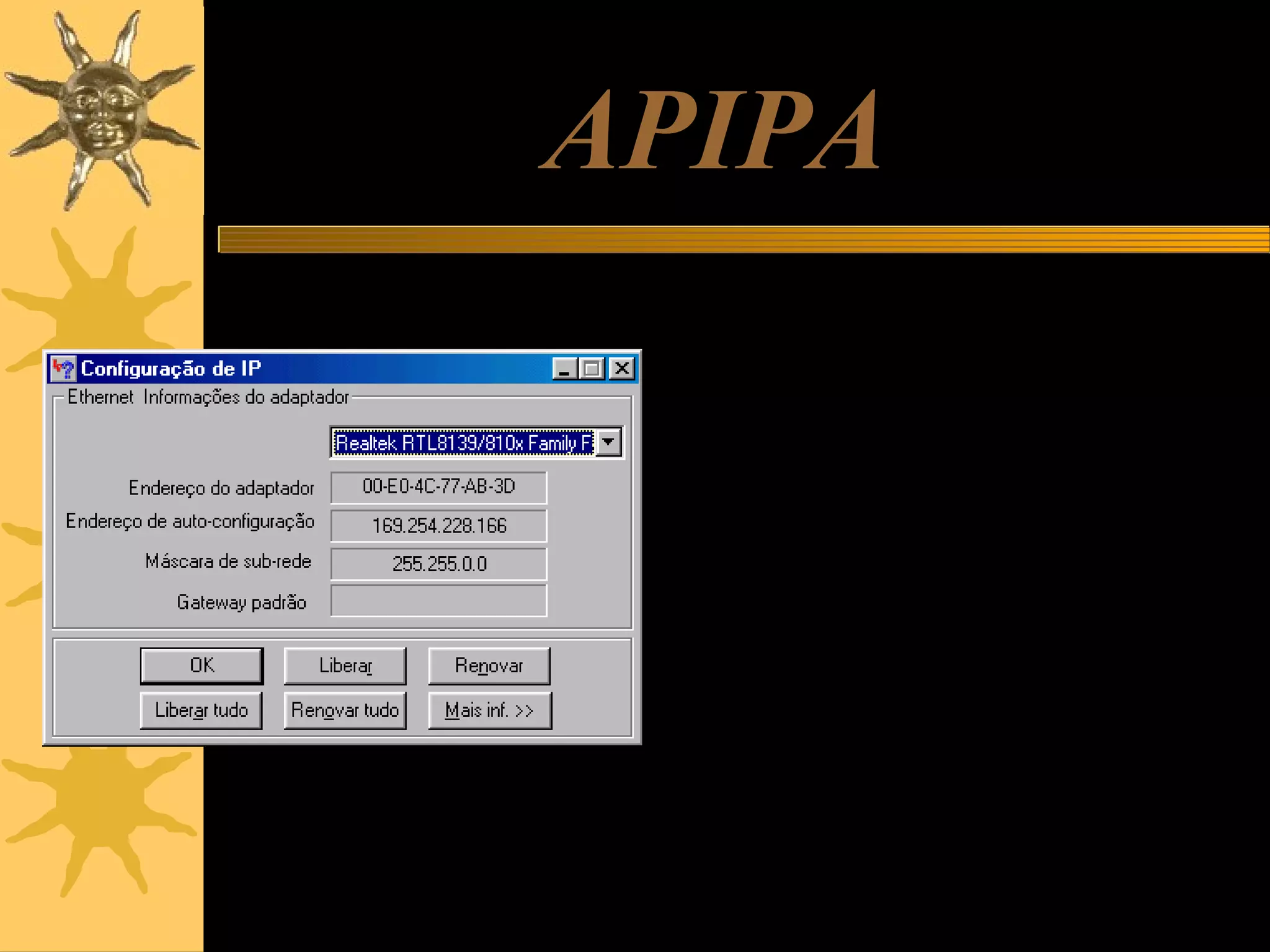 APIPA
A Microsoft registrou no iana.org, uma
entidade encarregada da distribuição de IPs
por todo o mundo, uma faixa de endereço
para uso em redes que não possuem DHCP.
Esta faixa é:
169.254.0.0 a
169.254.255.255
Quando um computador com Windows
conclui que não existe DHCP na rede, usará
automaticamente um IP começando com
169.254 e terminando com dois números
que são gerados em função da configuração
de hardware do computador. Isso garante
que os computadores terão IPs
“compatíveis”.
APIPA significa Automatic Programmed IP
Address.

 