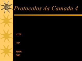 Protocolos da Camada 4
Como vimos, os pacotes IP trafegam pela rede local e pela Internet,
transportando vários tipos de informação. Dentro de cada pacote IP
existem outros tipos de pacote, como por exemplo, o TCP.
Pacotes TCP, por sua vez, podem estar transportando vários outros
tipos de pacotes, tais como:
HTTP: Um pacote de informação que representa uma parte de uma
página da Internet. Este tipo de pacote é usado pelos navegadores,
como o Internet Explorer.
FTP: Pacote usdo na transferência de arquivos. Alguém pode estar
fazendo um download via FTP, ou atualizando um site, também via
FTP.
SMTP: Parte de uma mensagem de correio eletrônico.
DNS: Um programa está tentando descobrir o IP de um servidor na
Internet, a partir do seu nome de domínio.

 