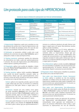 Apostila de Protocolos Bel Col | 8www.belcol.com.br
Tratamento Facial
1) Higienização: higienizar a pele com o produto ou mix
de produtos de acordo com o tipo de hipercromias e de
acordo com tabela de produtos acima. Em caso de usar
mais que um produtos, mesclá-los em uma cubeta.
2) Esfoliação: se necessário, esfoliar a pele com o gel
esfoliante de sementes de apricot Bel Esfoliante, que é
adequado a todos os tipos de hipercromias.
3) Peeling mecânico: promover peeling de diamante
ou ultrassônico em toda a pele por aproximadamente
5 minutos. No caso das hipercromias pós-inflamatórias
utilizar apenas o peeling ultrassônico.
4) Preparação: aplicar com auxílio de algodão, a loção
pré-acido Tônico Facial Preparatório em toda a região a
ser tratada. Não retirar.
5) Peeling químico: aplicar ácido mandélico Belmend
com auxílio de pincel específico somente sobre as
hipercromias. Deixar agir por aproximadamente cinco
minutos e antes de retirar, escolha um dos passos abaixo,
de acordo com o tipo de hipercromia.
Solares: aplicar uma segunda camada, agora em toda
a pele. Deixe agir por mais 10 minutos ou conforme
tolerância de cada pele. Retirar e seguir para o 6º
passo.
Hormonais: mesclar em uma cubeta, cinco gotas
de ácido mandélico Belmend com cinco gotas do
fluido de vitamina C Bio C Profissional e aplicar uma
segunda camada, agora em toda a pele. Trabalhar a
microcorrentes por mais 10 minutos (ou conforme
tolerância). Não retirar e seguir para o 6º passo.
Senis: para peles fototipo I, II ou III, nas três primeiras
sessões aplicar uma ampola de Coquetel de Ácidos
em toda a pele e deixar agir por aproximadamente 5
Um protocolo para cada tipo de HIPERCROMIA
minutos ou conforme tolerância da pele. Retirar com
água e seguir para o 6º passo. Nas próximas sessões
aplicar o ácido mandélico.
Para peles fototipo IV, V ou VI iniciar aplicando o
ácido mandélico Belmend com auxílio de pincel
somente sobre as hipercromias. Deixar agir por
aproximadamente cinco minutos trabalhando com
o apoio de microcorrentes e em seguida aplicar uma
segunda camada em toda a pele e deixar por mais 10
minutos ou conforme tolerância da pele. Não remover
e seguir para o 6º passo.
Pós-Inflamatória: aplicar o ácido mandélico Belmend
em uma hemiface e trabalhar com microcorrentes por
aproximadamente 10 minutos. Remover com água
abundante. Repetir o processo na outra hemiface.
6) Regulação celular: Neste passo, trabalhar os produtos
de acordo com o tipo de hipercromia:
Para peles com hipercromias Solares, Hormanais
ou Senis: aplicar o produto ou mix de produtos
indicados na tabela acima de acordo com o tipo de
hipercromia, espalhar por toda a pele e trabalhar com
microcorrentes por aproximadamente 10 minutos ou
apenas promover tamborilamento.
Para peles com hipercromias Pós-inflamatórias:
mesclar em uma cubeta, gotas do fluido de vitamina
C Bio C Profissional e gotas do fluido de colágeno
Bel Col 1 em toda a pele. Trabalhar novamente com
microcorrentes por aproximadamente 10 minutos ou
apenas promover tamborilamento.
Obs: determinados modos de aplicação de produtos
em hipercromias pós-inflamatórias, podem ser
interpretadas como agressão aos melanócitos e
gerar um processo inflamatório maior ainda, o que
acentuará as hipercromias em vez de clareá-las,
ESCOLHA AQUI O PRODUTO ADEQUADO AO TIPO DE HIPERCROMIAS
Hipercromias Solares
Hipercromias
Hormonais
Hipercromias Senis
Hipercromias
Pós-Inflamatórias
Higienização Clean AHA’s
Clean AHA’s e
Bel Esfoliante
Clean AHA’s e
Bel Esfoliante
Clean AHA’s
Peeling Químico Belmend
Belmend e
Bio C Profissional
Coquetel de Ácidos e
Belmend
Belmend
Regulação
celular
Bio C profissional Hialuderme
Bio C Profissional,
Hialuderme, Bel Col 3
Bio C Profissional e Bel Col 1
Máscara
Bio Plastic e
Gel Áqua Licorice
Bio Plastic e
Gel Áqua Licorice
Gel Aqua Licorice,
Impact Mask
Bio Plastic e Gel Áqua Licorice
Potencialização Creme Neo Super TR Arquitetus Max I.D.B. Emulsion I.D.B. Emulsion
 