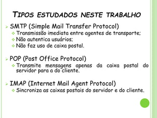 TIPOS ESTUDADOS NESTE TRABALHO
 SMTP (Simple Mail Transfer Protocol)
 Transmissão imediata entre agentes de transporte;
 Não autentica usuários;
 Não faz uso de caixa postal.
 POP (Post Office Protocol)
 Transmite mensagens apenas da caixa postal do
servidor para a do cliente.
 IMAP (Internet Mail Agent Protocol)
 Sincroniza as caixas postais do servidor e do cliente.
 