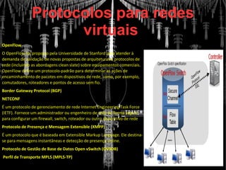 Protocolos para redes
virtuais
OpenFlow
O OpenFlow foi proposto pela Universidade de Stanford para atender à
demanda de validação de novas propostas de arquiteturas e protocolos de
rede (incluindo as abordagens clean slate) sobre equipamentos comerciais.
OpenFlow define um protocolo-padrão para determinar as ações de
encaminhamento de pacotes em dispositivos de rede, como, por exemplo,
comutadores, roteadores e pontos de acesso sem fio.
Border Gateway Protocol (BGP)
NETCONF
É um protocolo de gerenciamento de rede Internet Engineering Task Force
(IETF). Fornece um administrador ou engenheiro de rede de forma segura
para configurar um firewall, switch, roteador ou outro dispositivo de rede
Protocolo de Presença e Mensagem Extensible (XMPP)
É um protocolo que é baseada em Extensible Markup Language. Ele destina-
se para mensagens instantâneas e detecção de presença online.
Protocolo de Gestão de Base de Datos Open vSwitch (OVSDB)
Perfil de Transporte MPLS (MPLS-TP)
 