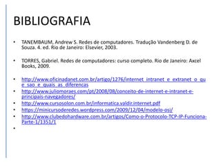BIBLIOGRAFIA
• TANEMBAUM, Andrew S. Redes de computadores. Tradução Vandenberg D. de
Souza. 4. ed. Rio de Janeiro: Elsevier, 2003.
• TORRES, Gabriel. Redes de computadores: curso completo. Rio de Janeiro: Axcel
Books, 2009.
• http://www.oficinadanet.com.br/artigo/1276/internet_intranet_e_extranet_o_qu
e_sao_e_quais_as_diferencas
• http://www.juliomoraes.com/pt/2008/08/conceito-de-internet-e-intranet-e-
principais-navegadores/
• http://www.cursosolon.com.br/informatica.valdir.internet.pdf
• https://minicursoderedes.wordpress.com/2009/12/04/modelo-osi/
• http://www.clubedohardware.com.br/artigos/Como-o-Protocolo-TCP-IP-Funciona-
Parte-1/1351/1
•
 