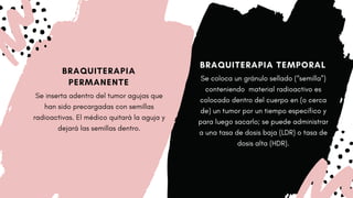BRAQUITERAPIA TEMPORAL
Se coloca un gránulo sellado (“semilla”)
conteniendo  material radioactivo es
colocado dentro del cuerpo en (o cerca
de) un tumor por un tiempo específico y
para luego sacarlo; se puede administrar
a una tasa de dosis baja (LDR) o tasa de
dosis alta (HDR).
BRAQUITERAPIA
PERMANENTE
Se inserta adentro del tumor agujas que
han sido precargadas con semillas
radioactivas. El médico quitará la aguja y
dejará las semillas dentro.
 