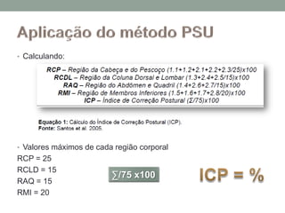 • Calculando:
• Valores máximos de cada região corporal
RCP = 25
RCLD = 15
RAQ = 15
RMI = 20
∑/75 x100
 
