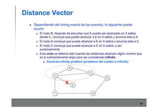 30
Distance Vector
Dependiendo del timing exacto de los eventos, lo siguiente puede
ocurrir:
El nodo B, después de escuchar que E puede ser alcanzado en 2 saltos
desde C, concluye que puede alcanzar a E en 3 saltos y anuncia esto a A
El nodo A concluye que puede alcanzar a E en 4 saltos y anuncia esto a C
El nodo C concluye que puede alcanzar a E en 5 saltos; y así
sucesivamente
Este ciclo se detiene sólo cuando las distancias alcanzan algún número que
es lo suficientemente largo para ser considerado infinito
Count-to-infinity problem (problema del conteo a infinito)
X
 