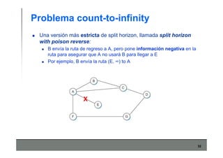 32
Problema count-to-infinity
Una versión más estricta de split horizon, llamada split horizon
with poison reverse:
B envía la ruta de regreso a A, pero pone información negativa en la
ruta para asegurar que A no usará B para llegar a E
Por ejemplo, B envía la ruta (E, ∞) to A
X
 