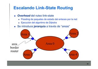 44
Escalando Link-State Routing
Overhead del ruteo link-state
Flooding de paquetes de estado del enlaces por la red
Ejecución del algoritmo de Dijkstra
Se introduce jerarquía a través de “areas”
Area 3
Area 0
Area 1 Area 2
Area 4
area
border
router
 