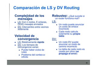 55
Comparación de LS y DV Routing
Complejidad de los
mensajes
LS: Con n nodos, E enlaces,
O(nE) mesajes enviados
DV: Intercambio entre vecinos
solamente
Velocidad de
convergencia
LS: Relativamente rápida
DV: Los tiempos de
convergencia varian
Puede haber ciclos de
ruteo
Problema del conteo-a-
infinito
Robustez: ¿Qué sucede si
un router funciona mal?
LS:
Un nodo puede anunciar
un costo de enlace
incorrecto
Cada nodo calcula
solamente su propia
tabla
DV:
Un nodo DV puede
anunciar un costo de
camino incorrecto
La tabla de cada nodo es
usada por otros (se
propaga el error)
 