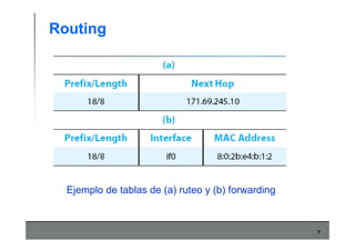 7
Routing
Ejemplo de tablas de (a) ruteo y (b) forwarding
 