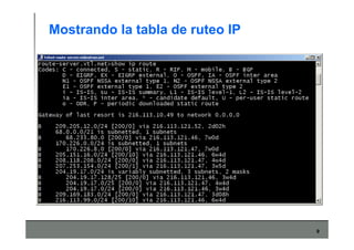 9
Mostrando la tabla de ruteo IP
 