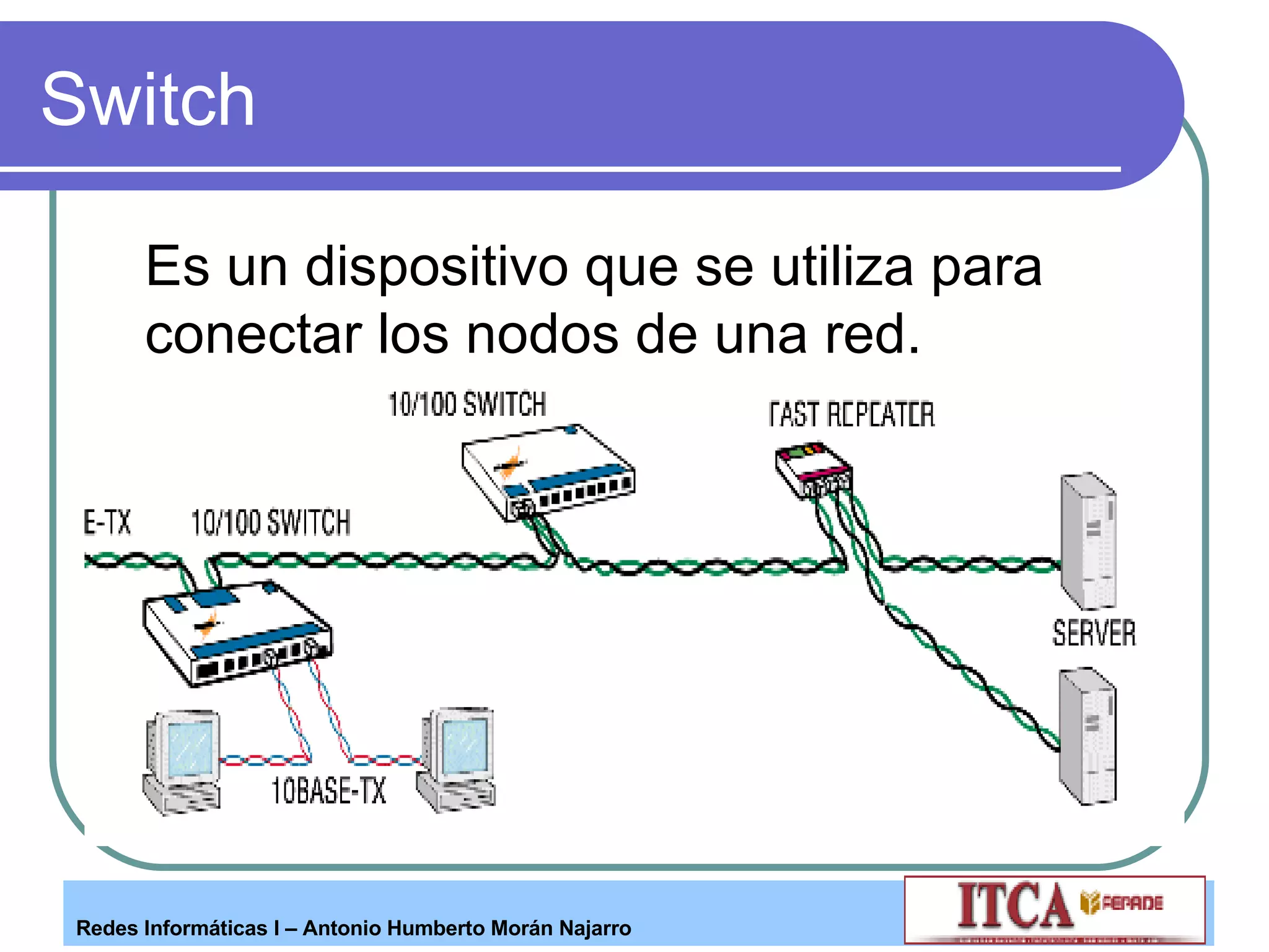 Switch Es un dispositivo que se utiliza para  conectar los nodos de una red. 