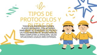 TIPOS DE
PROTOCOLOS Y
RUTAS DE
ACTUACIÓN
TODOS LOS PROTOCOLOS TIENEN
PLAZOS DEFINIDOS, CON ACCIONES
INMEDIATAS AL CONOCERSE EL HECHO Y
UN PLAZO MÁXIMO DE 30 DÍAS HÁBILES
PARA COMPLETAR LA ATENCIÓN, SALVO
SITUACIONES LEGALES MÁS EXTENSAS.
 