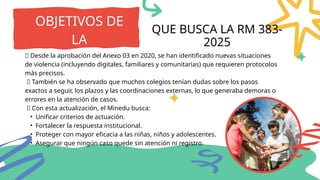 OBJETIVOS DE
LA
RESOLUCIÓN
🔸 Desde la aprobación del Anexo 03 en 2020, se han identificado nuevas situaciones
de violencia (incluyendo digitales, familiares y comunitarias) que requieren protocolos
más precisos.
🔸 También se ha observado que muchos colegios tenían dudas sobre los pasos
exactos a seguir, los plazos y las coordinaciones externas, lo que generaba demoras o
errores en la atención de casos.
🔸 Con esta actualización, el Minedu busca:
• Unificar criterios de actuación.
• Fortalecer la respuesta institucional.
• Proteger con mayor eficacia a las niñas, niños y adolescentes.
• Asegurar que ningún caso quede sin atención ni registro.
QUE BUSCA LA RM 383-
2025
 