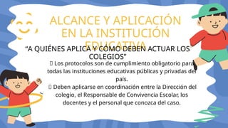 🔸 Los protocolos son de cumplimiento obligatorio para
todas las instituciones educativas públicas y privadas del
país.
🔸 Deben aplicarse en coordinación entre la Dirección del
colegio, el Responsable de Convivencia Escolar, los
docentes y el personal que conozca del caso.
ALCANCE Y APLICACIÓN
EN LA INSTITUCIÓN
EDUCATIVA
“A QUIÉNES APLICA Y CÓMO DEBEN ACTUAR LOS
COLEGIOS”
 