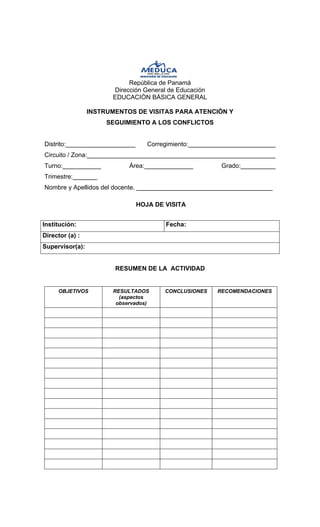 República de Panamá 
Dirección General de Educación 
EDUCACIÒN BÀSICA GENERAL 
INSTRUMENTOS DE VISITAS PARA ATENCIÒN Y 
SEGUIMIENTO A LOS CONFLICTOS 
Distrito:____________________ Corregimiento:_________________________ Circuito / Zona:______________________________________________________ 
Turno:___________ Área:______________ Grado:__________ Trimestre:_______ 
Nombre y Apellidos del docente. _______________________________________ 
HOJA DE VISITA 
Institución: 
Fecha: 
Director (a) : 
Supervisor(a): 
RESUMEN DE LA ACTIVIDAD 
OBJETIVOS 
RESULTADOS (aspectos observados) 
CONCLUSIONES 
RECOMENDACIONES  