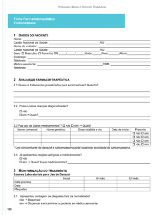 Protocolos Clínicos e Diretrizes Terapêuticas



      Ficha Farmacoterapêutica
      Endometriose


      1	Dados do Paciente
      Nome: ___________________________________________________________________________________
      Cartão Nacional de Saúde: _________________________________RG: _____________________________
      Nome do cuidador: _________________________________________________________________________
      Cartão Nacional de Saúde: _________________________________RG: _____________________________
      Sexo: o Masculino o Feminino DN:_____/_____/______Idade:______Peso:_______Altura:_______________
      Endereço: ________________________________________________________________________________
      Telefones: ________________________________________________________________________________
      Médico assistente: ___________________________________________CRM: __________________________
      Telefones: ________________________________________________________________________________



      2	Avaliação Farmacoterapêutica
      2.1	Quais os tratamentos já realizados para endometriose? Quando?
      _________________________________________________________________________________________
      _________________________________________________________________________________________
      _________________________________________________________________________________________
      2.2		Possui outras doenças diagnosticadas?
      	 o não
      	 o sim g Quais? _________________________________________________________________________
      _________________________________________________________________________________________

      2.3	Faz uso de outros medicamentos*? o não o sim g Quais?
         Nome comercial        Nome genérico          Dose total/dia e via              Data de início      Prescrito
                                                                                                           o não o sim
                                                                                                           o não o sim
                                                                                                           o não o sim
                                                                                                           o não o sim
      * Uso concomitante de danazol e carbamazepina pode ocasionar toxicidade da carbamazepina.

      2.4		Já apresentou reações alérgicas a medicamentos?
      	 o não
      	 o sim g Quais? A que medicamentos? ______________________________________________________


      3	 Monitorização do Tratamento
      Exames Laboratoriais para Uso de Danazol
                                         Inicial                           6o mês                        12o mês
      Data prevista
      Data
      Plaquetas

      3.1	 Apresentou contagem de plaquetas fora da normalidade?
      	    não g Dispensar
      	    sim g Dispensar e encaminhar a paciente ao médico assistente

270
 
