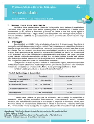 Protocolo Clínico e Diretrizes Terapêuticas

          Espasticidade
          Portaria SAS/MS no 377, de 10 de novembro de 2009.


    1 		 METODOLOGIA DE BUSCA DA LITERATURA
            	 a base de dados Medline/Pubmed (acesso em 29 de julho de 2009), utilizando-se as expressões
            N
    “Botulinum Toxin Type A”[Mesh] AND “Muscle Spasticity”[Mesh] e restringindo-se a ensaios clínicos
    randomizados (ECRs), revisões e metanálises publicados nos últimos 5 anos, nas línguas inglesa ou
    espanhola, foram identificados 51 artigos. Destes, foram selecionados para elaboração deste protocolo as
    revisões sistemáticas e 22 ECRs nos quais os desfechos clínicos foram relevantes. Foram excluídos artigos
    não indexados.

    2 		 INTRODUÇÃO
             	 spasticidade é um distúrbio motor caracterizado pelo aumento do tônus muscular, dependente da
             E
    velocidade, associado à exacerbação do reflexo miotático1. As principais causas de espasticidade são acidente
    vascular cerebral, traumatismo cranioencefálico e traumatismo raquimedular em adultos e paralisia cerebral
    em crianças. Está associada com redução da capacidade funcional, limitação da amplitude do movimento
    articular, desencadeamento de dor, aumento do gasto energético metabólico e prejuízo nas tarefas diárias,
    como alimentação, locomoção, transferências (mobilidade) e cuidados de higiene. Pode causar contraturas,
    rigidez, luxações e deformidades articulares. Por outro lado, o aumento do tônus muscular pode contribuir
    para estabilização articular, melhora postural, facilitação das trocas de decúbito e transferências. Portanto, é
    uma situação clínica a ser modulada e não completamente eliminada2,3.
             	 ondição clínica multicausal, parte da síndrome do neurônio motor superior, a espasticidade acomete
             C
    milhões de pessoas em todo o mundo. Incidência e prevalência apresentam taxas variadas e estão intimamente
    relacionadas com as doenças correspondentes. Não há dados epidemiológicos oficiais no Brasil.
             	 a Tabela 1, estão apresentados os dados da literatura internacional1.
             N

     Tabela 1 - Epidemiologia da Espasticidade

                  Doença                         Prevalência                  Espasticidade na doença (%)
     Traumatismo cranioencefálico
                                             1 - 2 : 1.000 habitantes                     13 - 20
     (moderado a grave)
     Acidente vascular cerebral              2 - 3 : 100 habitantes                       20 - 30

     Traumatismo raquimedular                27 : 100.000 habitantes                      60 - 78

     Paralisia cerebral                      2 : 1.000 nascidos vivos                     70 - 80


             	 médico deve conhecer os princípios da reabilitação, pois o manejo da espasticidade é
             O
    multifatorial. Pode requerer tratamentos medicamentosos (quimiodenervação fenólica, baclofeno
    intratecal), não medicamentosos (manobras de manutenção da amplitude do movimento articular, treino
    funcional, órteses   de posicionamento, afastamento de fatores de exacerbação – vestuário inadequado,
    frio, posicionamento corporal inadequado) ou cirúrgicos (alongamentos musculotendinosos, tenotomias,


Consultores: Fábio Coelho Guarany, Antônio Cardoso dos Santos, Bárbara Corrêa Krug
e Karine Medeiros Amaral
Editores: Paulo Dornelles Picon, Maria Inez Pordeus Gadelha e Alberto Beltrame
Os autores declararam ausência de conflito de interesses.

                                                                                                                       291
 