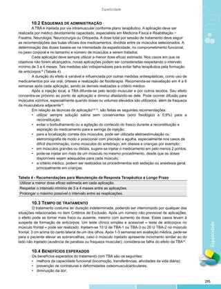 Espasticidade


       10.2 ESQUEMAS DE ADMINISTRAÇÃO
         A TBA é injetada por via intramuscular conforme plano terapêutico. A aplicação deve ser
realizada por médico devidamente capacitado, especialista em Medicina Física e Reabilitação −
Fisiatria, Neurologia, Neurocirurgia ou Ortopedia. A dose total por sessão de tratamento deve seguir
as recomendações das bulas oficiais dos medicamentos, dividida entre os músculos selecionados. A
determinação das doses baseia-se na intensidade da espasticidade, no comprometimento funcional,
no peso corporal e no tamanho e número de músculos a serem tratados.
         Cada aplicação deve sempre utilizar a menor dose eficaz estimada. Nos casos em que os
objetivos não forem alcançados, novas aplicações podem ser consideradas respeitando o intervalo
mínimo de 3 a 4 meses. Tais medidas são indispensáveis para evitar falha terapêutica pela formação
de anticorpos16 (Tabela 4).
         	 duração do efeito é variável e influenciada por outras medidas antiespásticas, como uso de
         A
medicamentos por via oral, órteses e realização de fisioterapia. Recomenda-se reavaliação em 4 a 6
semanas após cada aplicação, sendo as demais realizadas a critério médico.
         	 pós a injeção local, a TBA difunde-se pelo tecido muscular e por outros tecidos. Seu efeito
         A
concentra-se próximo ao ponto de aplicação e diminui afastando-se dele. Pode ocorrer difusão para
músculos vizinhos, especialmente quando doses ou volumes elevados são utilizados, além de fraqueza
da musculatura adjacente16.
         	 m relação às técnicas de aplicação4,6,10, são feitas as seguintes recomendações:
         E
         •	 utilizar sempre solução salina sem conservantes (soro fisiológico a 0,9%) para a
            reconstituição;
         •	 evitar o borbulhamento ou a agitação do conteúdo do frasco durante a reconstituição e
         	 aspiração do medicamento para a seringa de injeção;
         •	 para a localização correta dos músculos, pode ser utilizada eletroestimulação ou
         	 eletromiografia de modo a posicionar com precisão a agulha, especialmente nos casos de
         	 difícil discriminação, como músculos do antebraço, em obesos e crianças por exemplo;
         •	 em músculos grandes ou distais, sugere-se injetar o medicamento em pelo menos 2 pontos;
         •	 pode-se injetar em mais de um músculo no mesmo procedimento, desde que as doses
         	 disponíveis sejam adequadas para cada músculo;
         •	 a critério médico, podem ser realizados os procedimentos sob sedação ou anestesia geral,
         	 principalmente em crianças.

Tabela 4 - Recomendações para Manutenção da Resposta Terapêutica a Longo Prazo
 Utilizar a menor dose eficaz estimada em cada aplicação.
 Respeitar o intervalo mínimo de 3 a 4 meses entre as aplicações.
 Prolongar o máximo possível o intervalo entre as reaplicações.

       	 0.3 TEMPO DE TRATAMENTO
       1
         	 tratamento costuma ter duração indeterminada, podendo ser interrompido por qualquer das
          O
situações relacionadas no item Critérios de Exclusão. Após um número não previsível de aplicações,
o efeito pode se tornar mais fraco ou ausente, mesmo com aumento da dose. Estes casos levam à
suspeita de formação de anticorpos. Um teste clínico simples e acessível – teste de anticorpos no
                                                                                                           Espaticidade

músculo frontal – pode ser realizado. Injetam-se 10 U de TBA-1 ou TBA-3 ou 20 U TBA-2 no músculo
frontal, 3 cm acima do canto lateral de um dos olhos. Após 1-3 semanas em avaliação médica, pede-se
para o paciente elevar as sobrancelhas; caso o músculo injetado apresente movimento similar ao do
lado não injetado (ausência de paralisia ou fraqueza muscular), considera-se falha do efeito da TBA16.

       	 0.4 BENEFÍCIOS ESPERADOS
       1
       	 s benefícios esperados do tratamento com TBA são os seguintes:
       O
       •	 melhora da capacidade funcional (locomoção, transferências, atividades da vida diária);
       •	 prevenção de contraturas e deformidades osteomusculoarticulares;
       •	 diminuição da dor;

                                                                                                         295
 